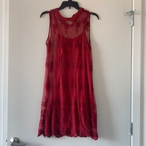 Red mesh dress with floral detail and red matching slip underneath
